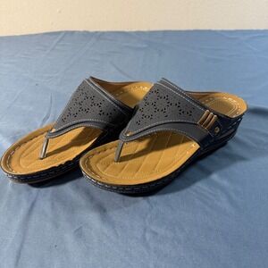 Womens Wedge Sandals Dark Blue Thong Open Toe Comfort Size 9